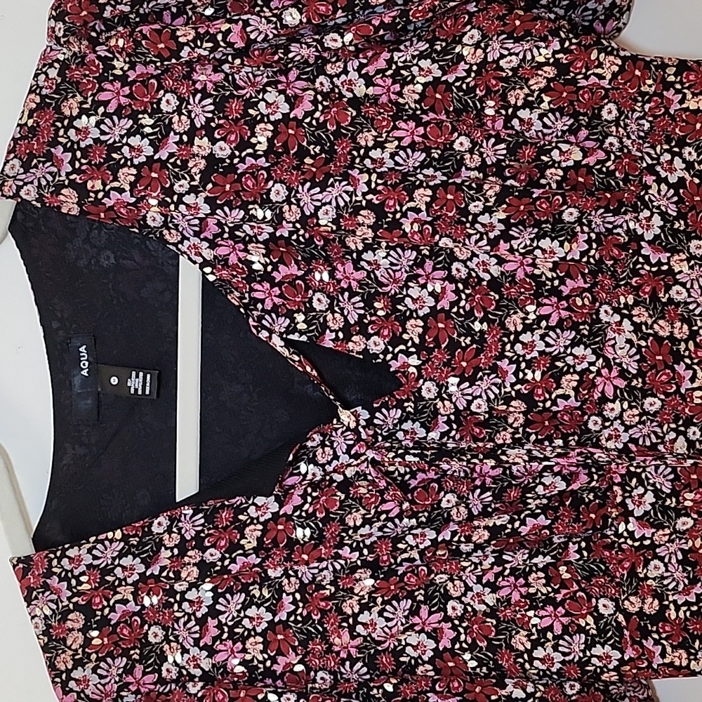 Aqua Red Gold Pink Floral Puff Short Sleeve Boho Midi Dress SZ M - Picture 6 of 16